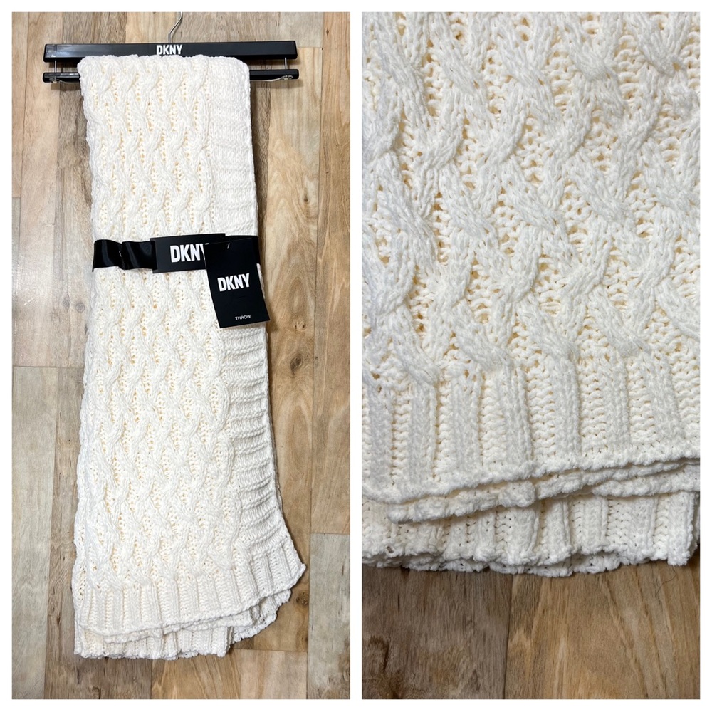 DKNY Ivory Chenille Crosswalk Ivory Cream Knit Throw Blanket 50 x 60